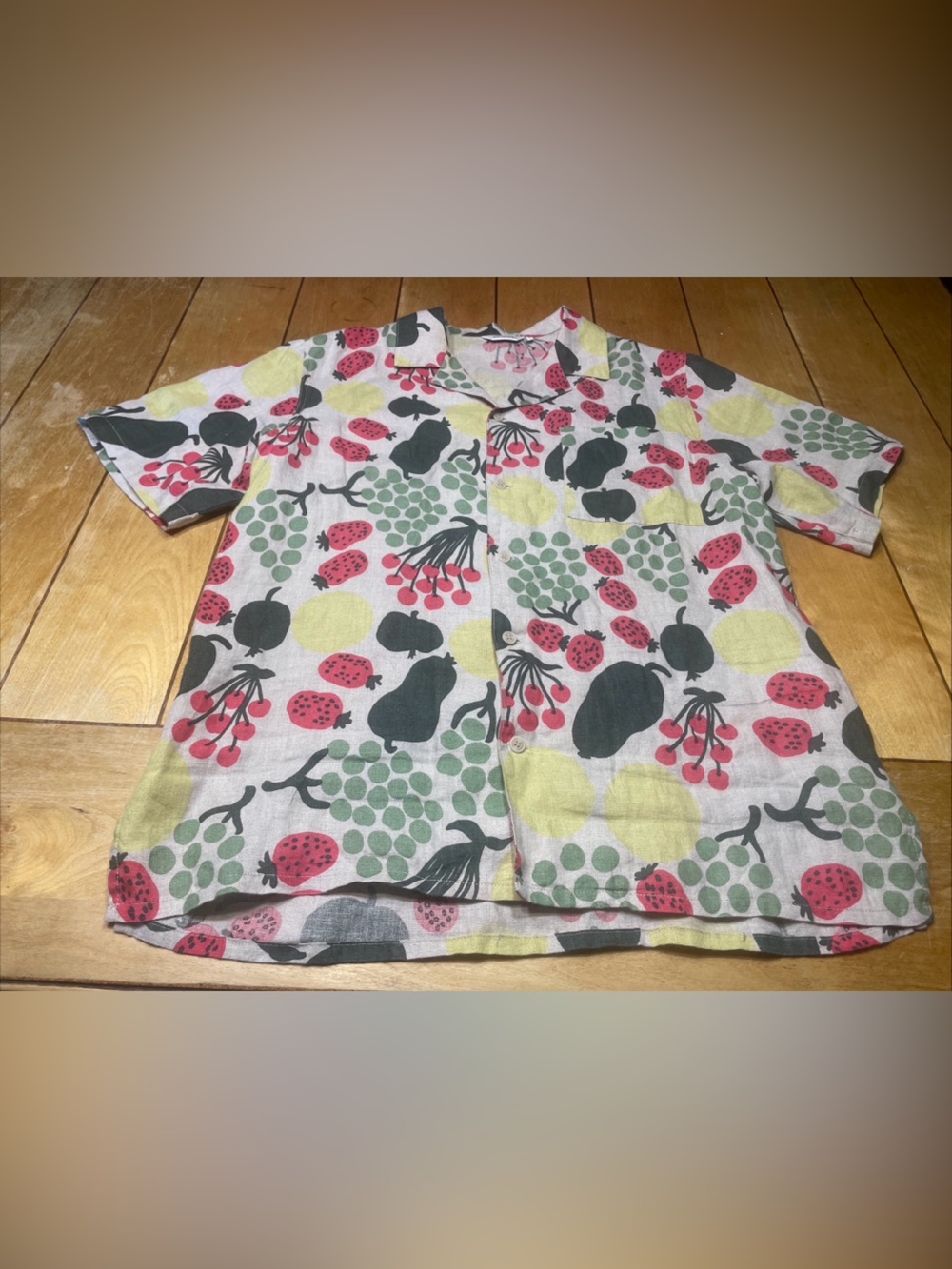 Marimekko Kalliola Pieni Tori Blouse Shirt 100% Linen Fruit AOP Size Small EUC!!